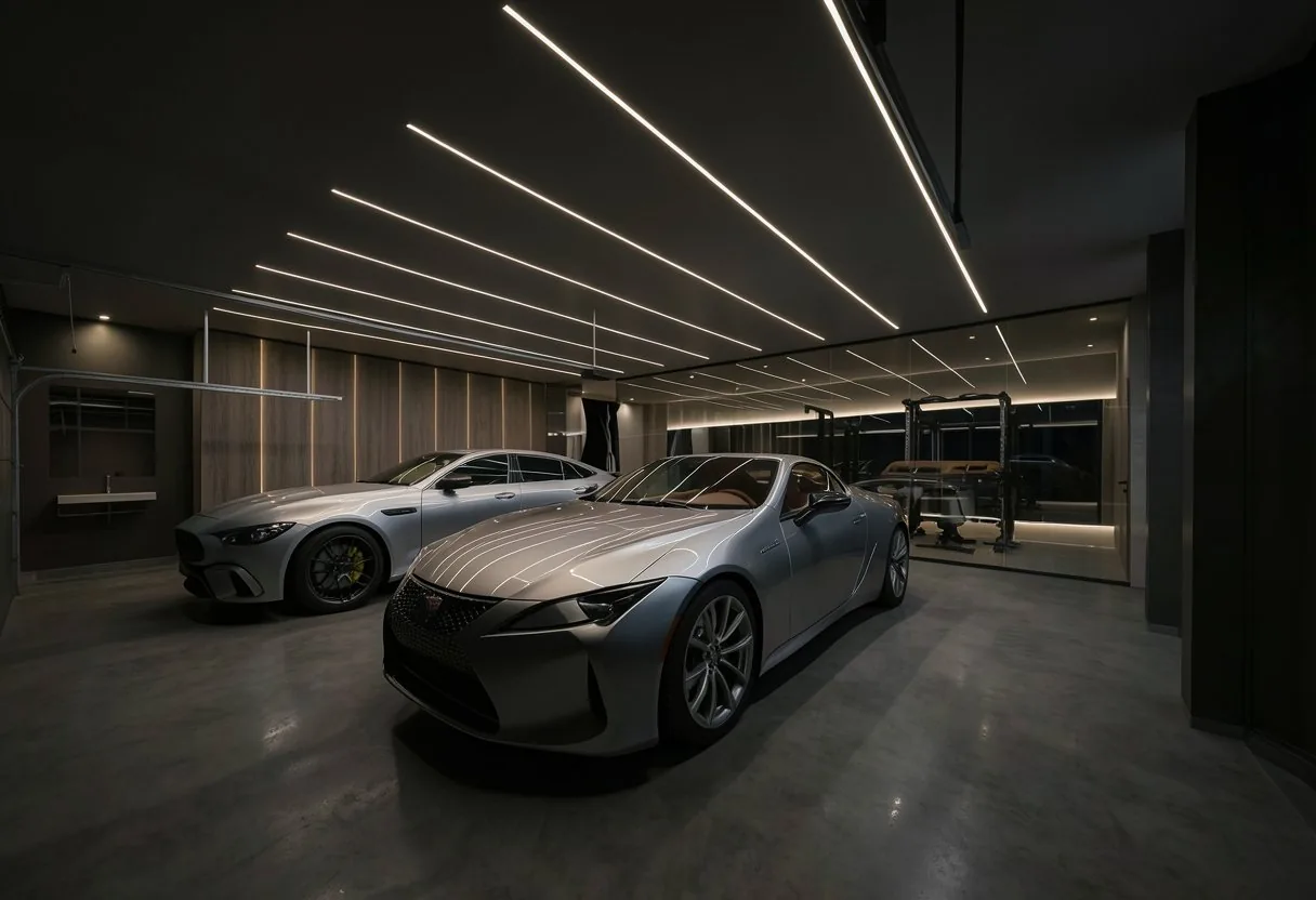 Fotorealistická vizualizace designové garáže s LED osvětlením a sportovním vozem od studia Finnessa