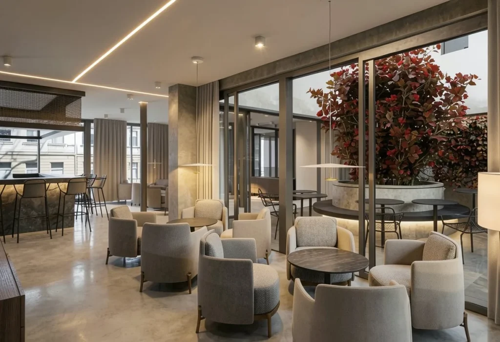 Fotorealistická vizualizace kavárny s lounge křesly od studia Finnessa